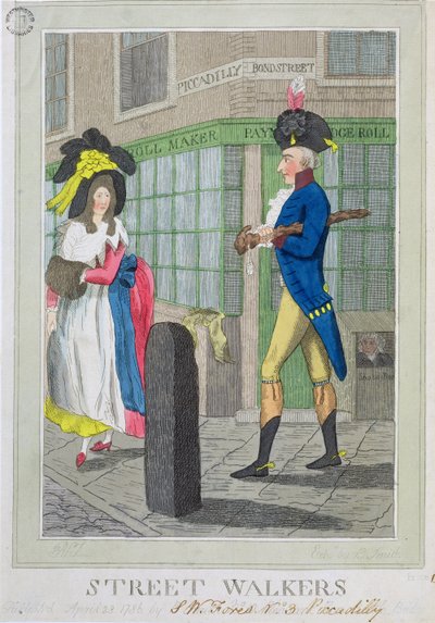 Straßenläuferinnen, radiert von B. Smith, veröffentlicht von S.W. Fores, 1786 (kolorierte Radierung) von English School